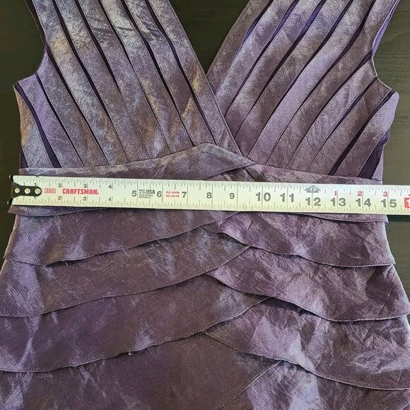 Cache Purple Iridescent Cocktail Dress Shutter Pleat Sheath Cap Sleeve V-neck 6 - Picture 8 of 10